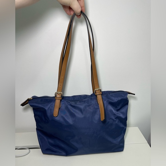 Simon’s Navy Medium Size Nylon Faux Leather shoulder Tote Handbag - Picture 1 of 13